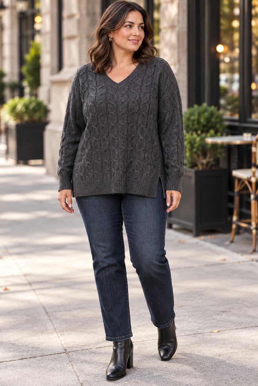 ERDOS 100% Cashmere Cable Knit Sweater Womens 1X Charcoal Gray V Neck NWT Tunic